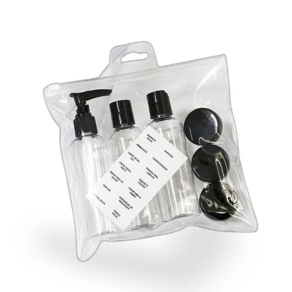 Kit De Frascos E Nécessaire Para Viagem 7 Peças Com Adesivos De Identificação Preto