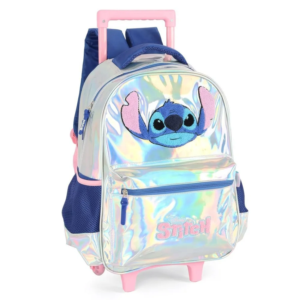 Mochila Com Rodinhas Escolar Infantil Holográfica Stitch Prata