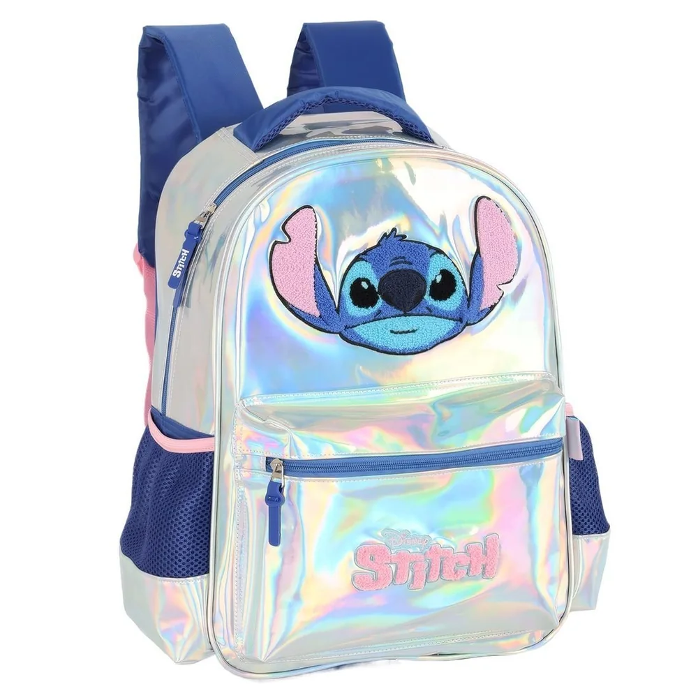 Mochila Escolar Infantil Holográfica Stitch Prata