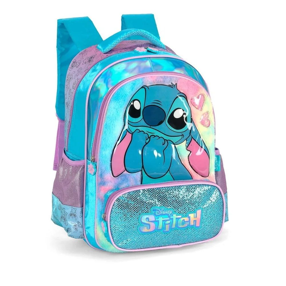 Mochila Escolar Infantil Stitch Happy Em Plush Com Glitter Azul