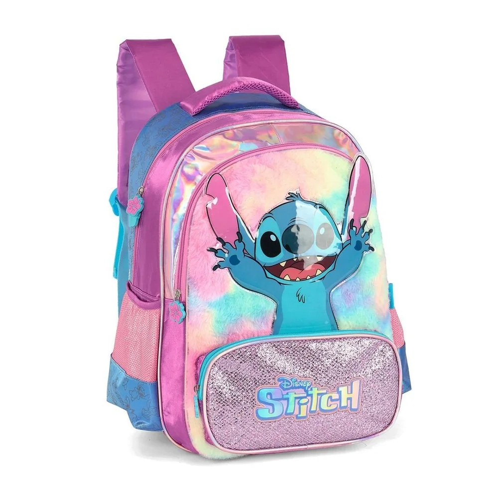 Mochila Escolar Infantil Stitch Happy Em Plush Com Glitter Roxo
