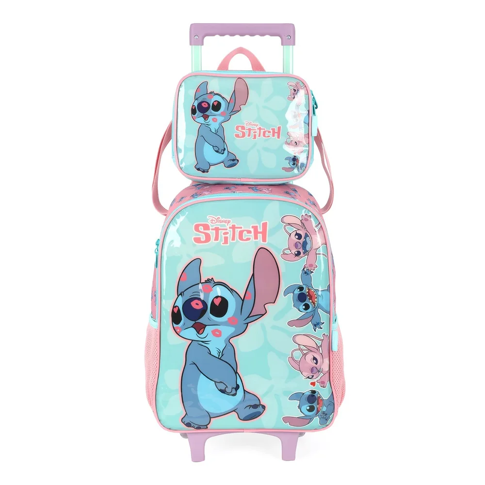 Kit Mochila Escolar Infantil Com Rodinhas E Lancheira Stitch Verde