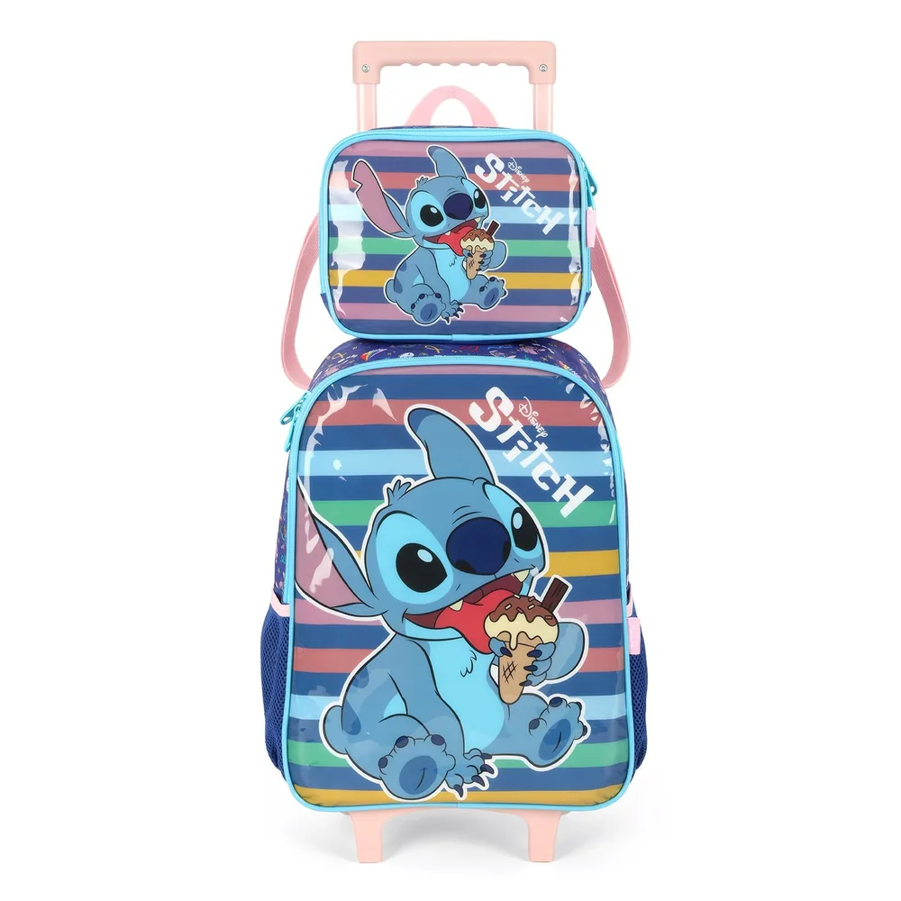 Kit Mochila Escolar Infantil com Rodinhas e Lancheira Stitch Azul